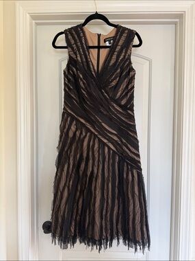 Tadashi Shoji Black and Nude Layered V-Neck Midi Dress